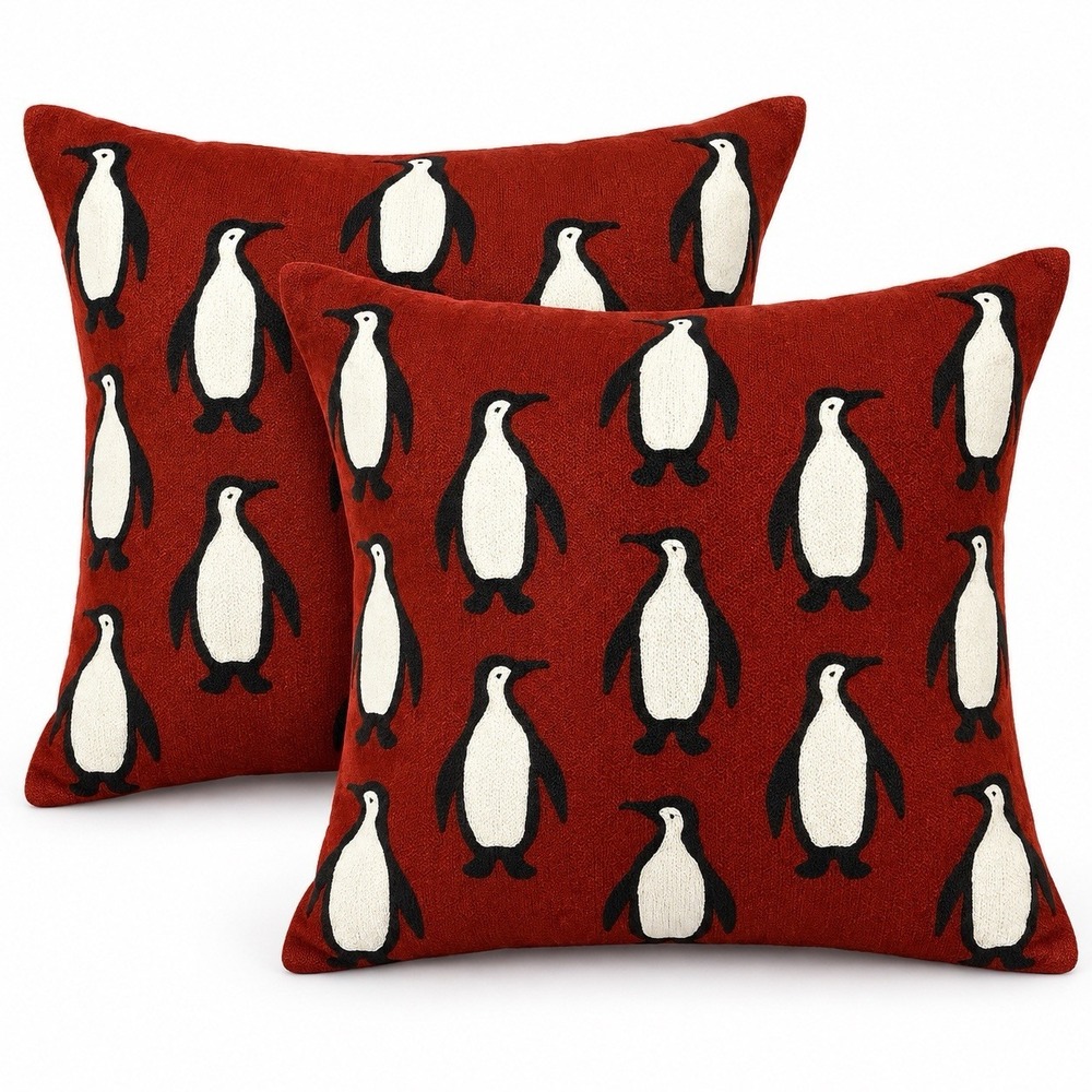Pottery Barn Penguin Pillows Set of 2 Burgundy Crewel Holiday Christmas 18x18